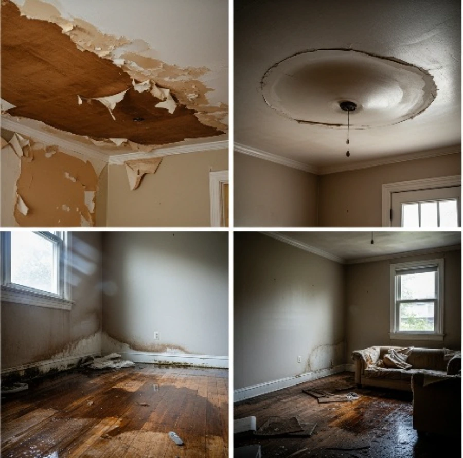Before and after ceiling water damage repair and water-stained walls in a Minneapolis home