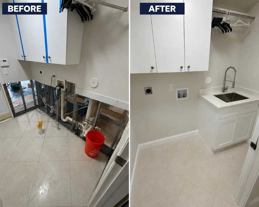 Before and after laundry room water damage restoration in a Minneapolis home