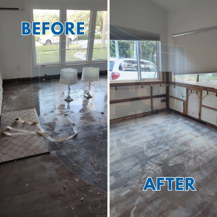 Before and after flood damage restoration in a Minneapolis living room