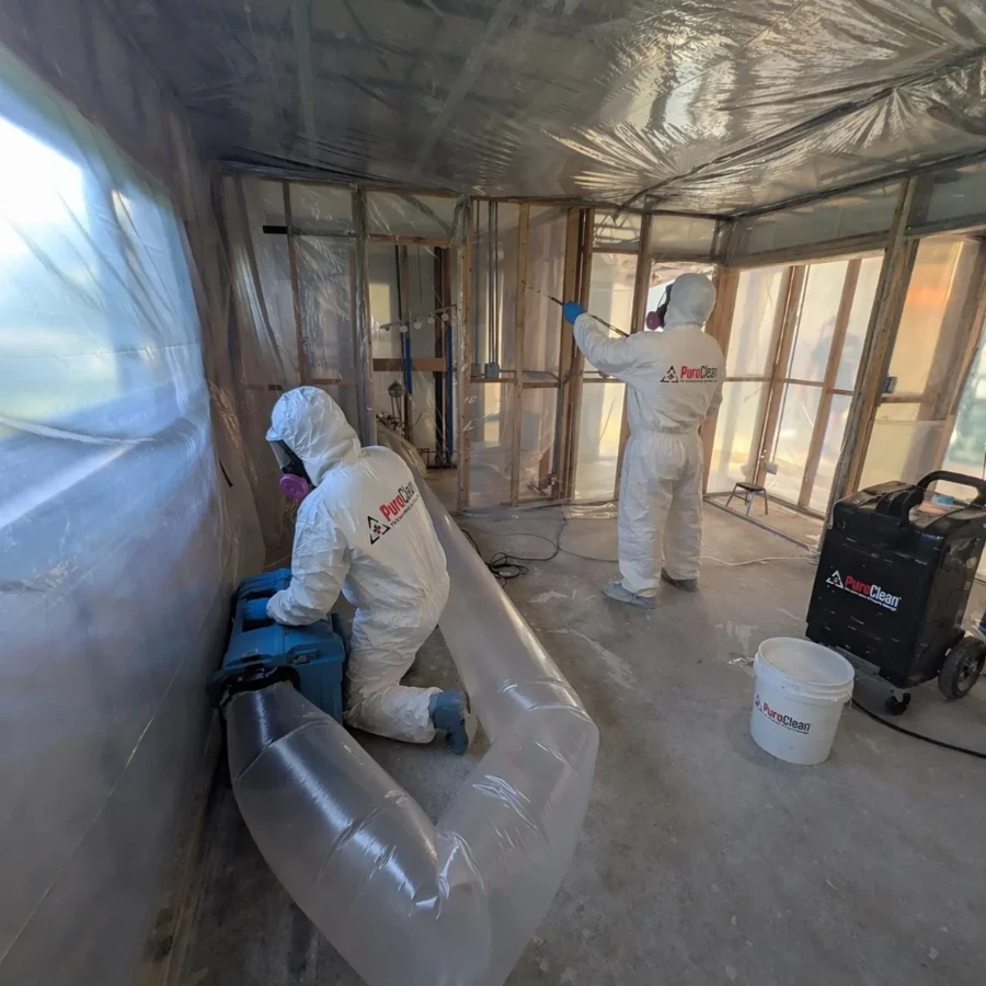 Restoration technicians in protective gear applying antimicrobial treatment during Minneapolis mold remediation