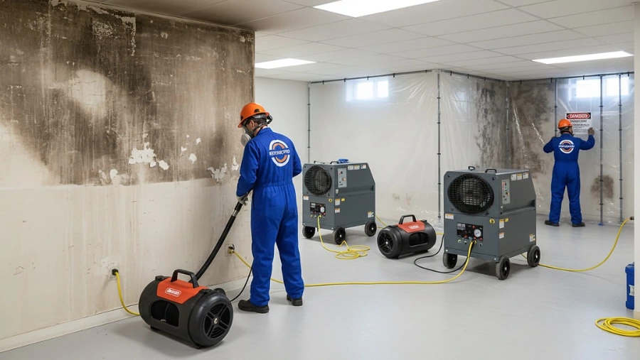 Restoration technicians performing mold remediation in a Minneapolis basement